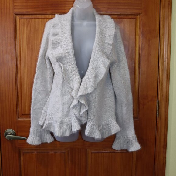 Sarah Spencer Light Gray Marled Ruffle Front Cropped Cardigan Sweater XL Angora - Picture 1 of 15